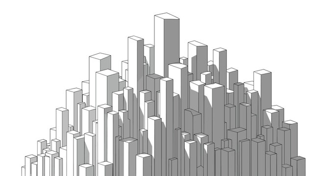 Isometric view of a dense cluster of white rectangular blocks with sharp shadows forming an abstract geometric city skyline or a complex data bar chart.