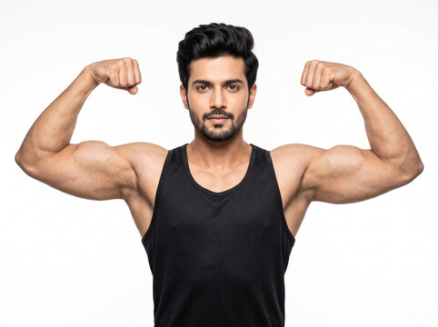 young indian man showing toned arms in a double biceps pose representing fitness strength healthy living self confidence wellness and active lifestyle for gym and healthcare campaigns