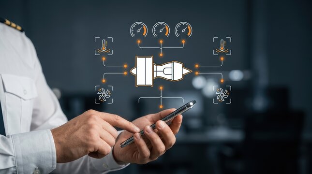 Engineer monitoring jet engine diagnostics and performance data on smartphone interface, aviation modern technology business concept