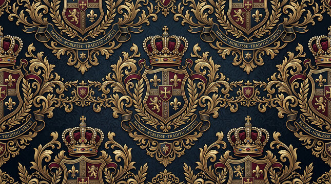 Elegant seamless pattern featuring gold and red heraldic crests with crowns and floral ornamentation on dark background.