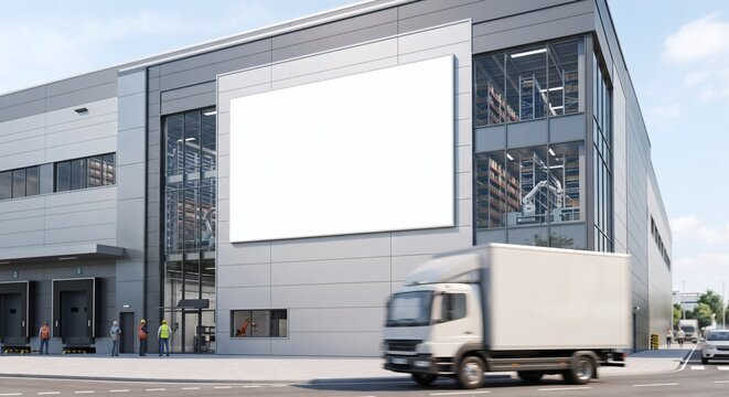 Blank white massive advertising banner mockup on modern automated logistics fulfillment center