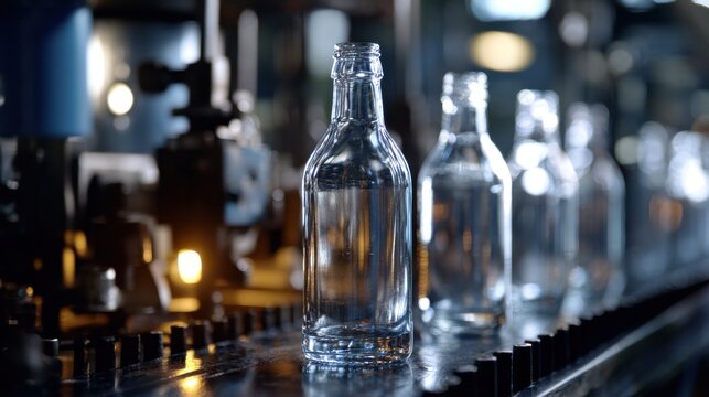 Row of empty glass bottles on an automated conveyor belt in an industrial manufacturing plant