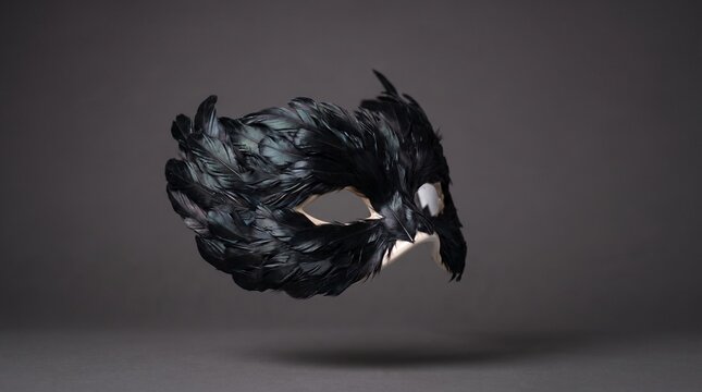 Floating venetian masquerade mask adorned with dark feathers