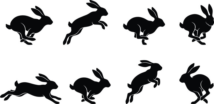 Set of eight rabbit silhouettes showing running and leaping motion cycle with dynamic stride and ear positions