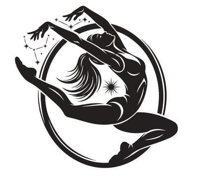 Silhouette Acrobatic Yoga Pose on Spheres Minimalist Black and White Illustration