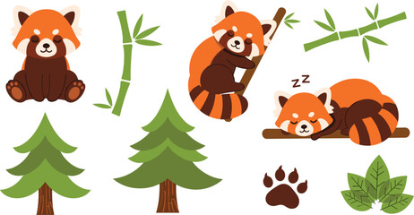 Naklejka premium Cute Cartoon Red Panda Icon Set Featuring Sitting, Climbing, and Sleeping Pandas with Bamboo, Pine Trees, Leaves, and Paw Print Vectors