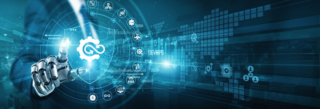 Flow robot hand touch build shield DEVOPS architecture. Continuous integration and automated deployment streamline software development cycles to ensure fast and reliable product delivery.