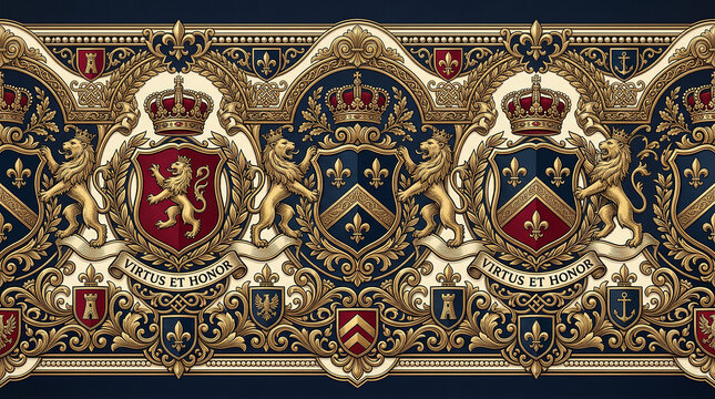 Ornate medieval-style border pattern with golden lions, heraldic shields, crowns, and a banner proclaiming 'virtus et honor'.