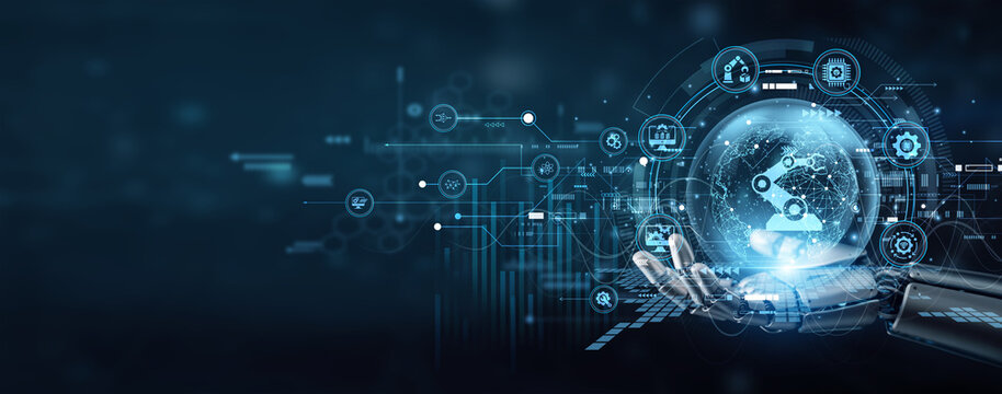 Robot hand expertly hold INDUSTRY 4.0 technology to power global smart factories. Automation and IoT connectivity revolutionize manufacturing processes for peak industrial efficiency.
