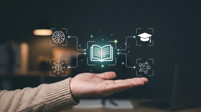 Professional presenting glowing e-learning icons for digital knowledge transfer, artificial intelligence modern technology business concept