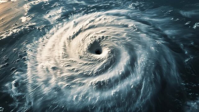 Powerful tropical cyclone seen from above forming giant spiral over ocean with clear storm eye dense cloud bands and dramatic weather system showing climate force hurricane danger and natural disaster