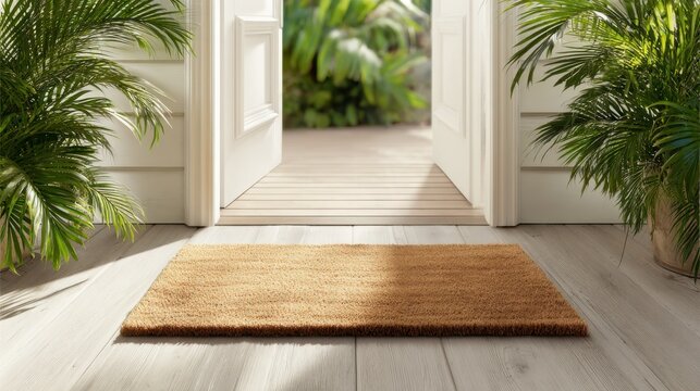 Open front door of a modern house with a brown doormat and green palm plants