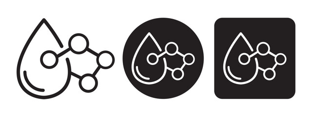 Fototapeta premium Water Drop with Molecular Structure Vector Icons in Black and White Line Art, Circle, and Rounded Square Formats.