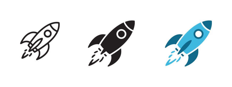 rocket icon launching upward representing startup launch, business growth, innovation, project development and successful progress in modern vector style