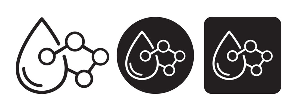 Water Drop with Molecular Structure Vector Icons in Black and White Line Art, Circle, and Rounded Square Formats.
