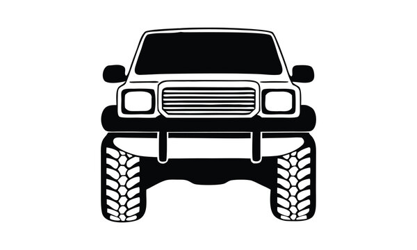 Striking front-view vector illustration of a lifted off-road jip with oversized all-and bold black and white.