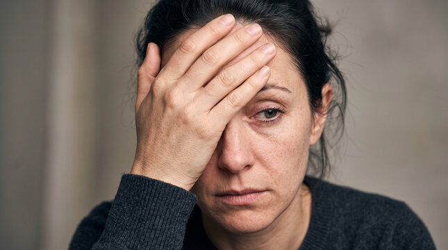 Middle Aged Woman Holding Head with Tired or Stressed Facial Expression