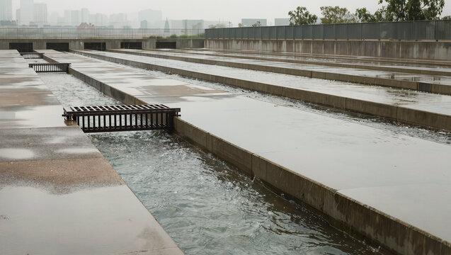 Water flowing through concrete drainage channels.