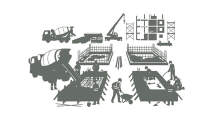Obraz premium Construction Site with Workers, Cement Mixers, Crane and Building Elements