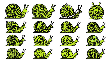 Celtic snail icons set with green tribal patterns. © Bagas