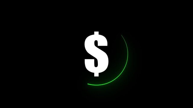 Green neon glowing dollar cash symbol inside an arc progress ring. Perfect for financial growth,high quality animation.
