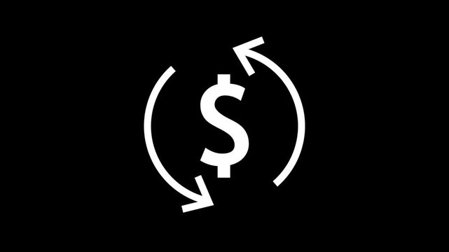 White line art dollar cash symbol enclosed by circular arrows.refund, cash flow, exchange, and financial transfer videos.4k.