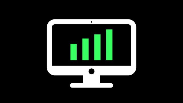 White computer monitor display showing a green neon business analytic bar graph growth loop and 4k animation.