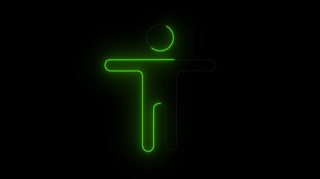 Glowing green neon outlines of a human stick figure silhouette standing still. Perfect for bio mechanics, medical scans.4k