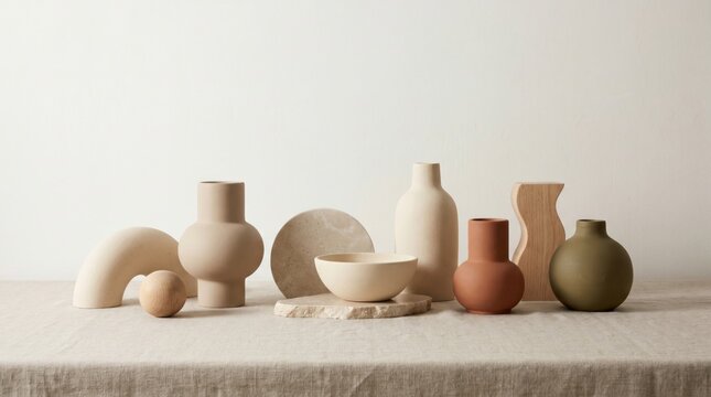 Minimalist still life with ceramic vases and organic shapes on linen