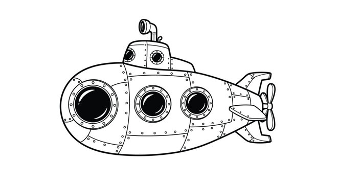 Cartoon submarine with multiple portholes periscope and propeller shown in a detailed black and white line art drawing.