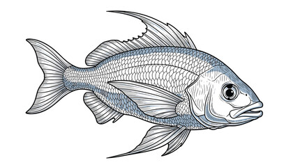 Fototapeta premium Detailed scientific illustration of a fish showing scales fins and gills in a classic black and white line drawing.