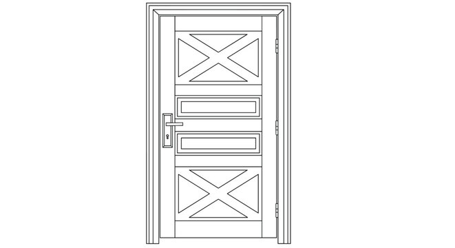 Elegant wooden front door with decorative paneling and an X pattern shown in a detailed line art architectural drawing.