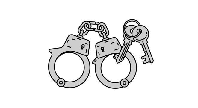 Metal handcuffs connected by a chain and a set of keys shown in a detailed black and white line drawing illustration.