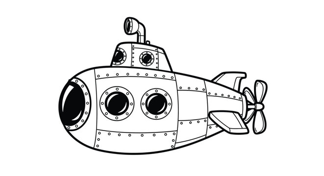 Cartoon yellow and white submarine with portholes and a periscope shown in a bold and clean line art drawing style.