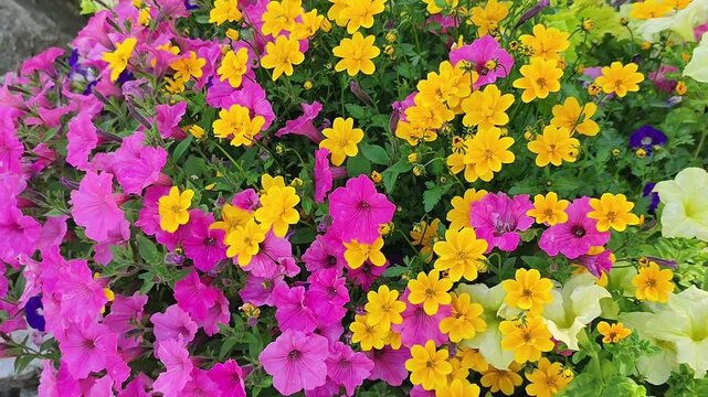 Colorful flower bed with pink and yellow blossoms. Spring garden landscape featuring vibrant petunia and coreopsis plants under natural light in rural environment.