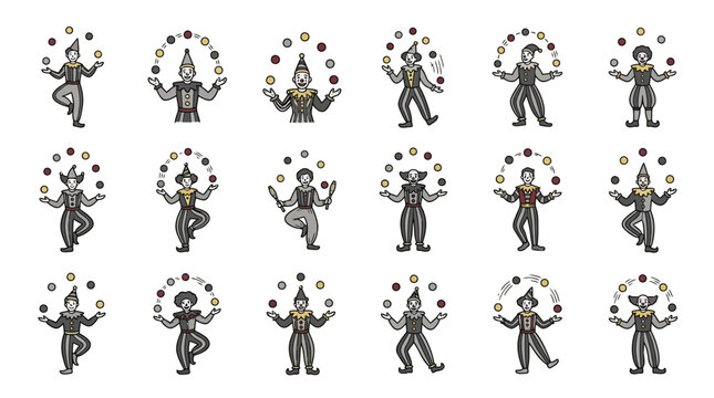 Circus jester and clown juggling character set.