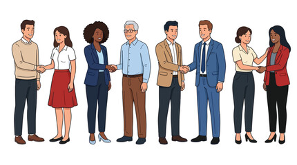 Fototapeta premium Diverse group of professional business people shaking hands in this colorful flat vector graphic illustration