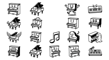 Cartoon piano characters in various musical poses. © Bagas