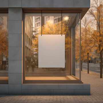 Blank white poster hanging in glass store display window. Empty sign frame for advertising and promotion. Retail shop front mockup with urban city street view in autumn season.