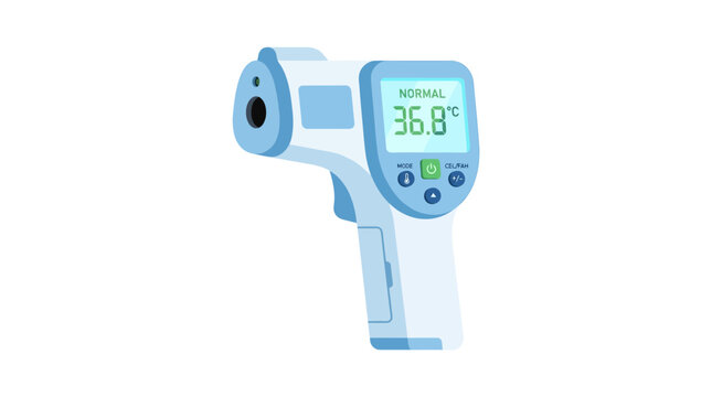 Digital infrared thermometer gun showing normal temperature 36.8C on screen, isolated on white