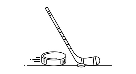 Obraz premium Simple line art illustration of a hockey stick hitting a puck in motion across the ice for sports and fitness themes.