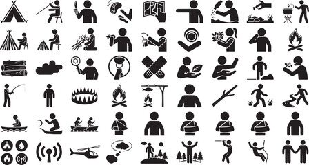 Obraz premium Camping and outdoor activities icons set with people and nature symbols