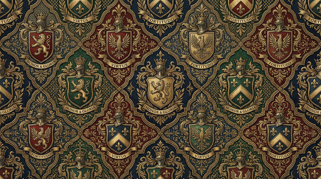 Seamless pattern with medieval heraldic shields, lions, and eagles in diamond shapes on textured background.