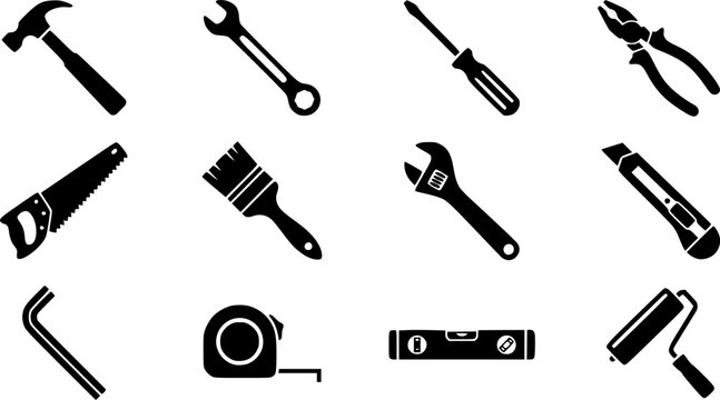 set of black vector various Tool icon Instrument symbol, wrench, hammer, handsaw, paint brush, screwdriver, adjustment wrench silhouettes
