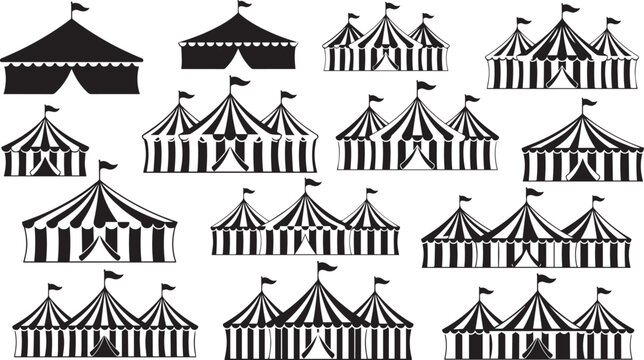 collection of black and white circus tents with flags on top for design and illustration
