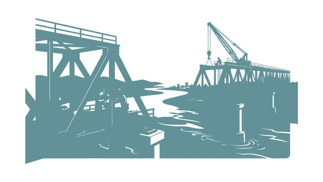 Bridge Construction Silhouette with Crane and Workers Over River