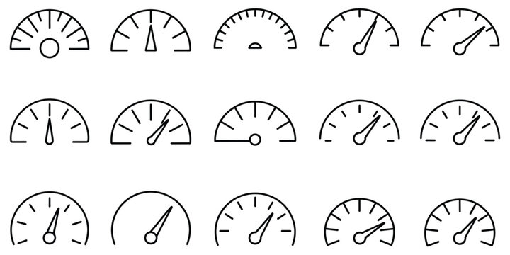 Speedometer icon with gauge, tachometer, speed measurement symbols, performance monitoring interface, editable stroke graphics, and vector illustration.