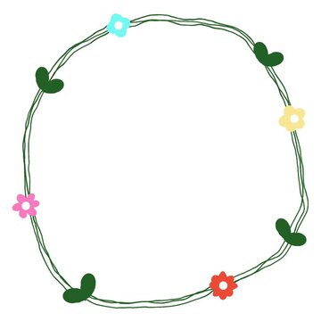 Animated hand drawn floral circle frame with colorful flowers and leafy accents, perfect for cheerful decorative designs.