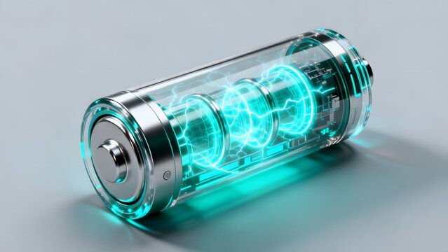 A futuristic battery with glowing blue circuits lies on a surface, showcasing advanced scalable infrastructure and technology.