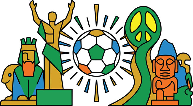 Vector Illustration Of Soccer Ball Statues And Peace Symbol